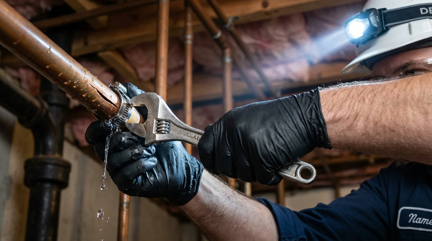 Emergency pipe clamp repair being performed by a Johns Plumbing LLC plumber in Hickman