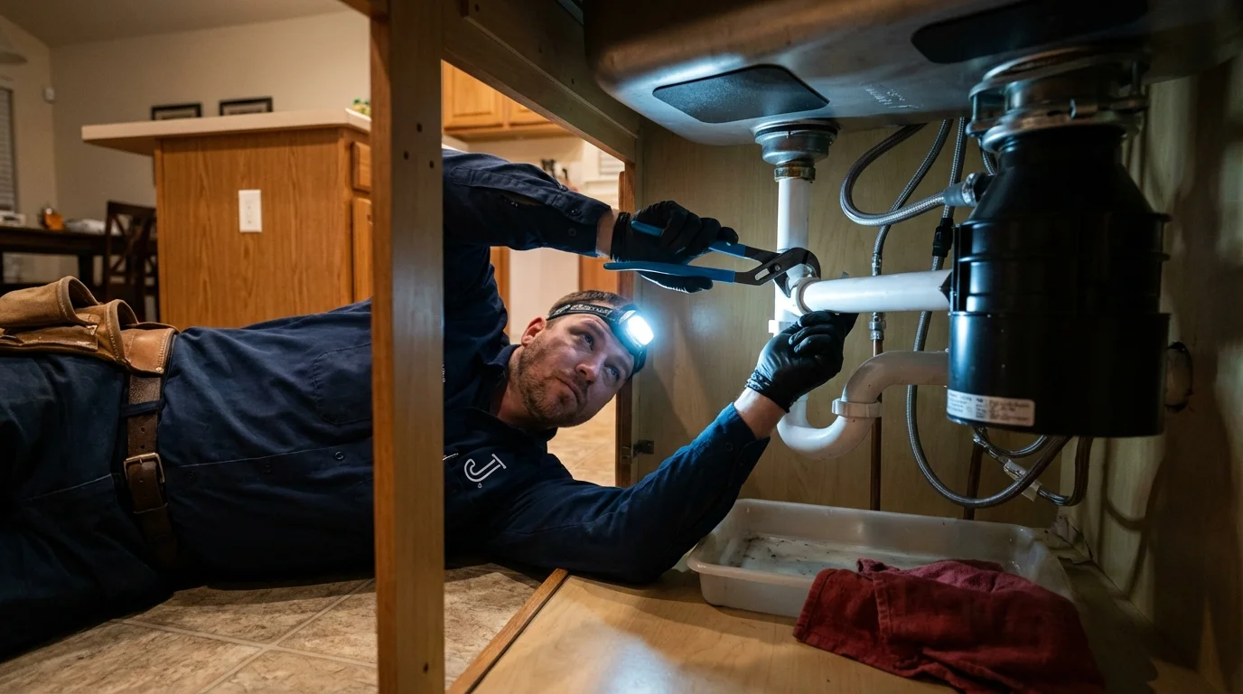 P-trap and supply line connections under a kitchen sink showing a common leak point in Hickman, KY